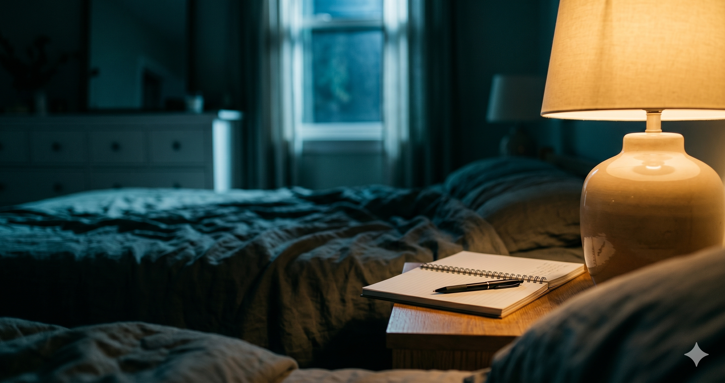 Ein Notizbuch und eine Lampe auf einem Nachttisch neben einem Bett in der Nacht