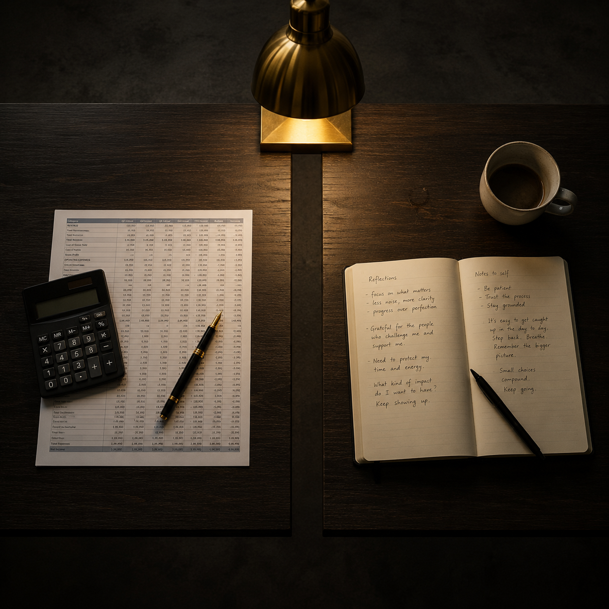 Zwei sehr unterschiedliche Schreibtische nebeneinander — einer mit Tabellen und Taschenrechner, einer mit Notizbuch und Kaffeetasse