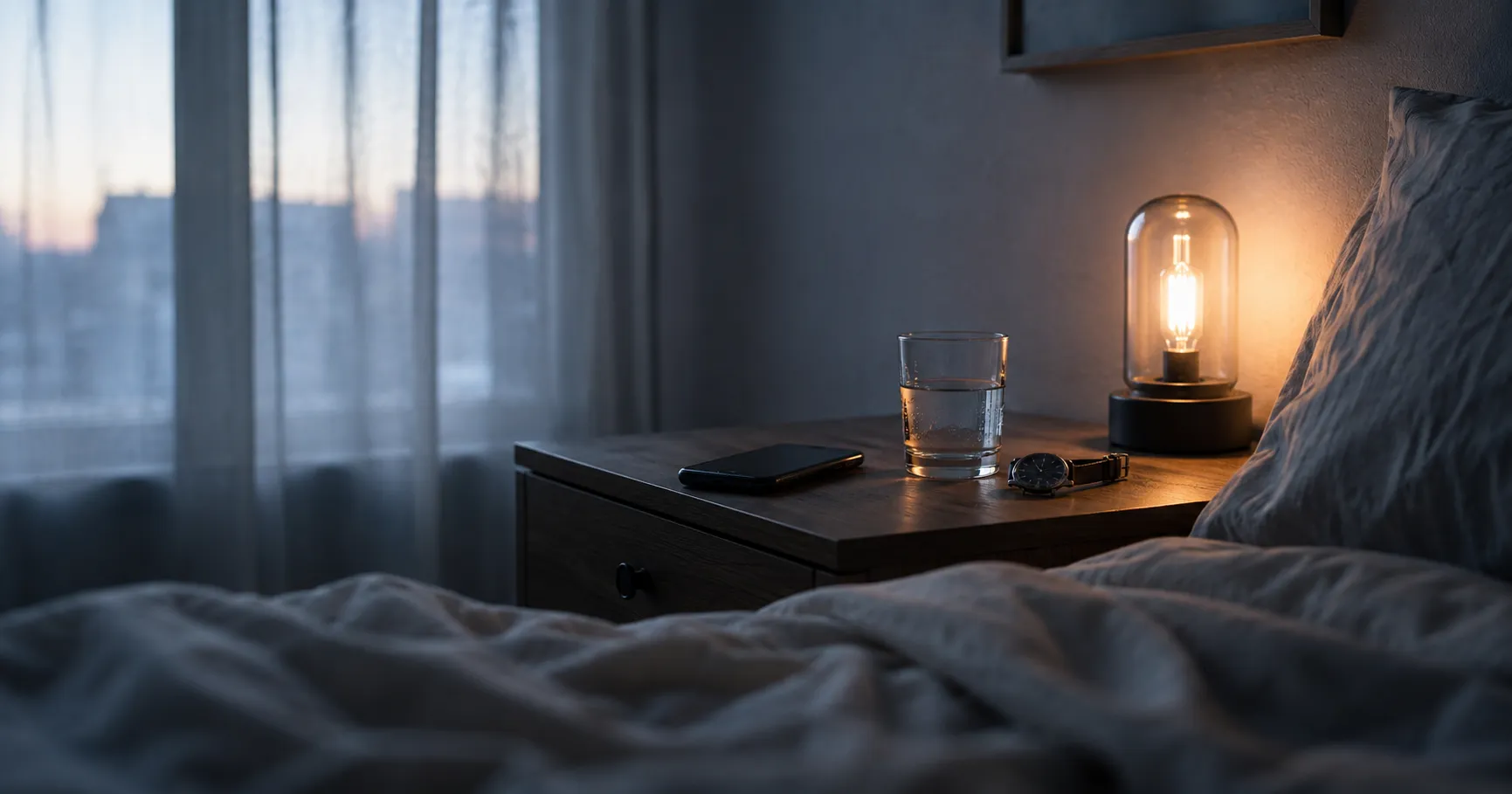Ein Nachttisch neben einem Bett im Dämmerlicht: ein ausgeschaltetes Handy mit dem Display nach unten, ein Glas Wasser und eine warm leuchtende Lampe, dahinter ein Fenster mit Morgendämmerung — einmal wirklich abschalten
