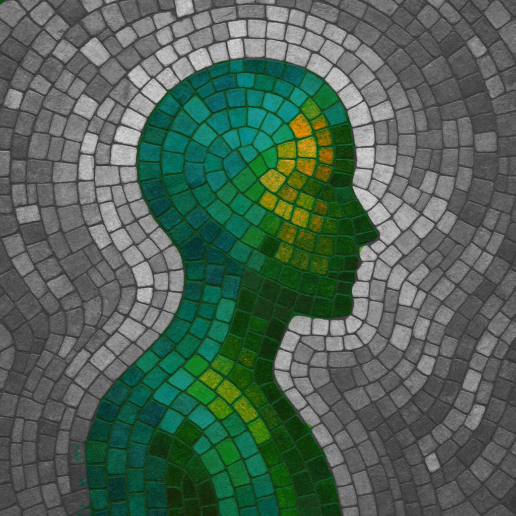 Ein Mosaik einer Person in Grüntönen mit grauem Hintergrund aus vielen kleineren Kacheln