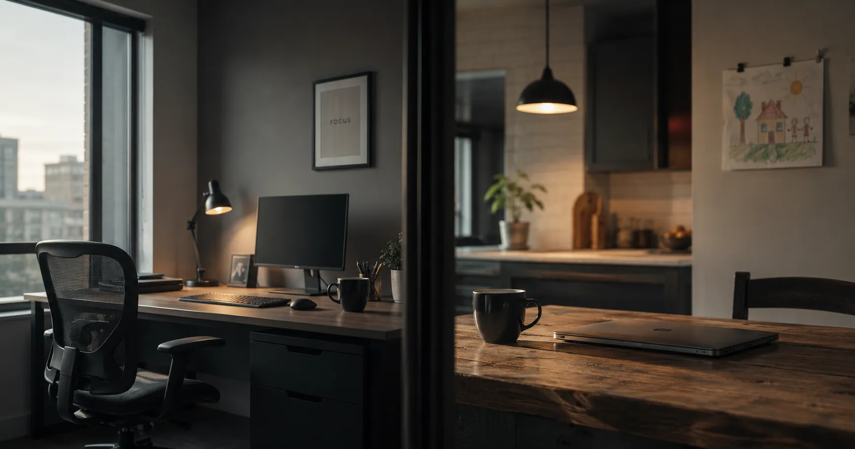 Ein geteiltes Bild im warmen Morgenlicht: links ein aufgeräumtes Büro mit leerem Schreibtischstuhl, dunklem Monitor und Schreibtischlampe, rechts ein häuslicher Küchentisch mit zugeklapptem Laptop, Kaffeetasse und einer Kinderzeichnung an der Wand — dieselbe Arbeit, zwei Orte