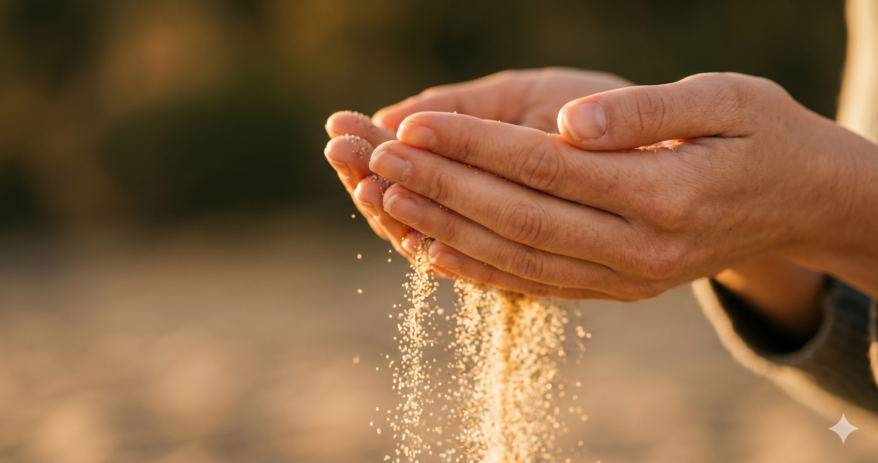 Hände, durch die Sand rinnt, im warmen Gegenlicht